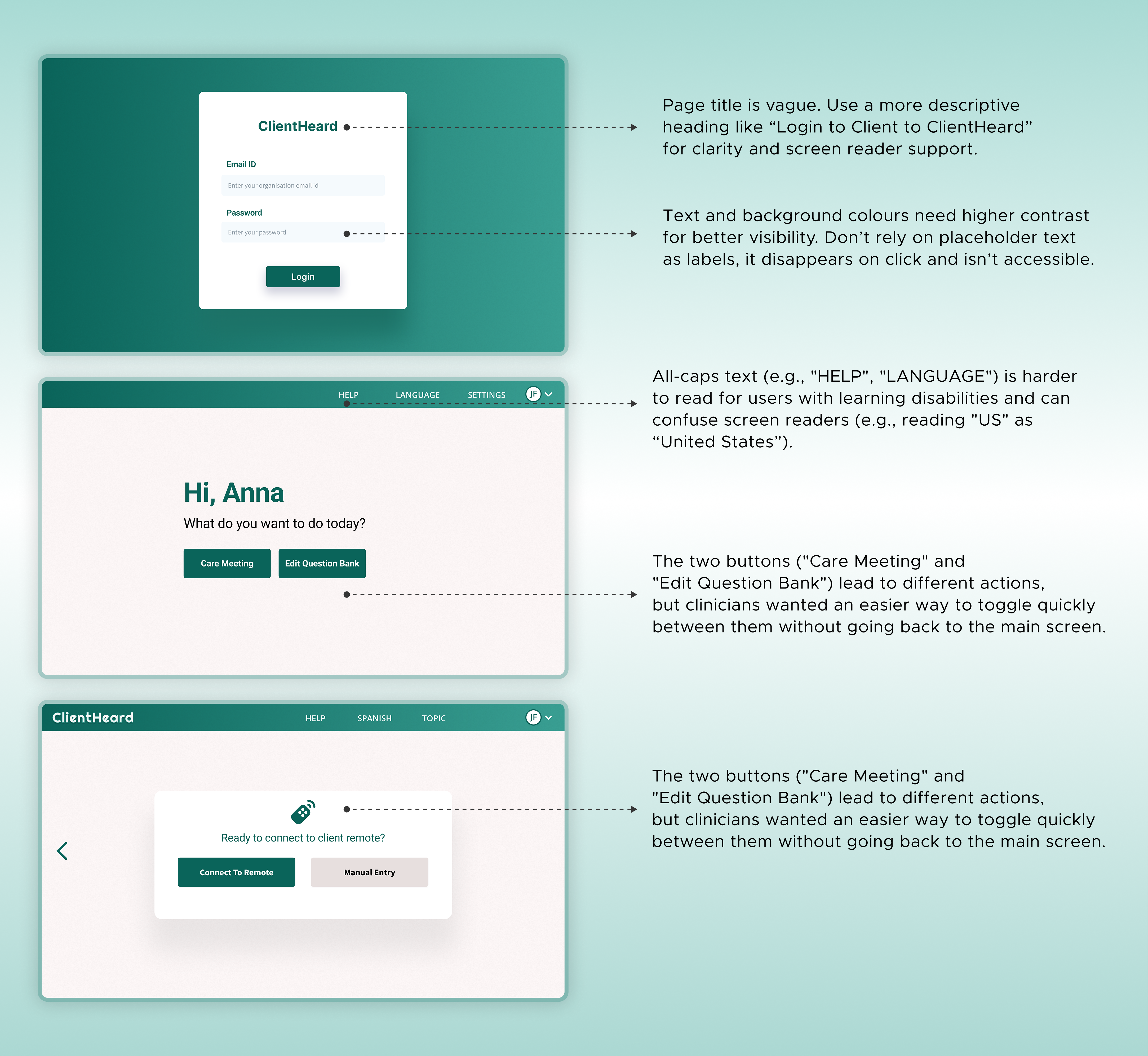 Usability and design issues on screens. Screens 1 to 3 (Description below).