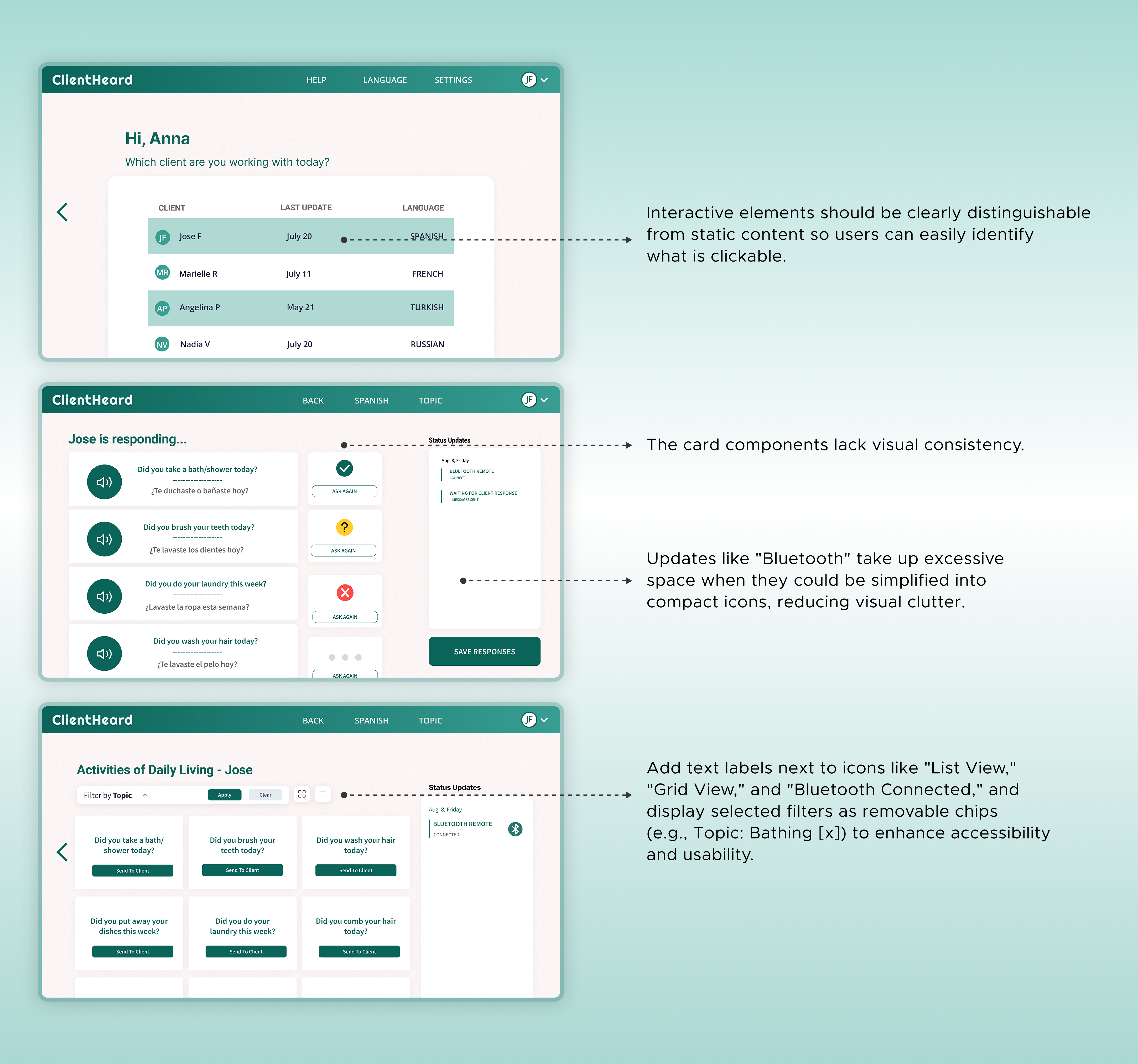 Usability and design issues on screens. Screens 4 to 6 (Description below).